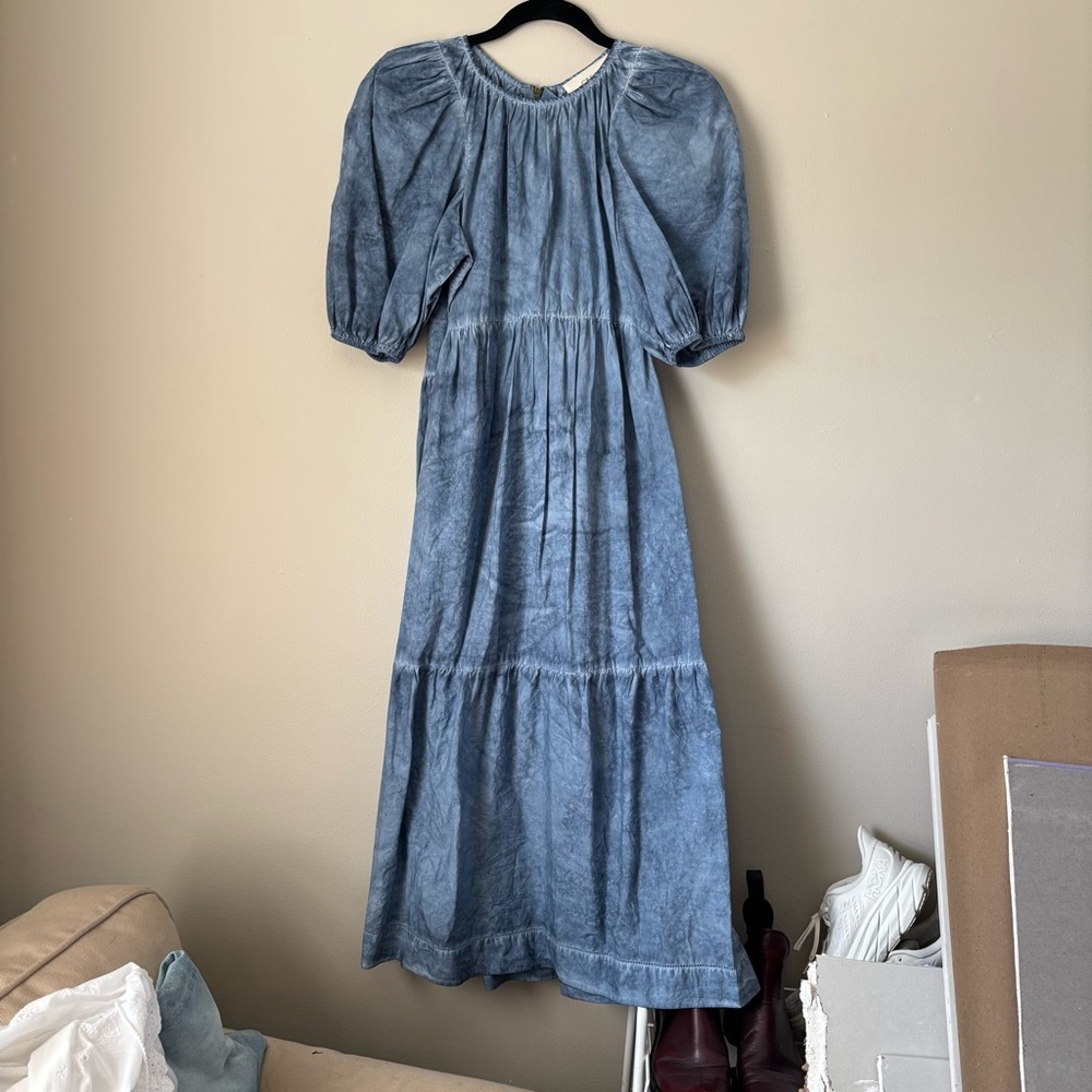 The GREAT The Park Tiered Midi Dress in Indigo Fog Overwash Wash Blue Sz 0